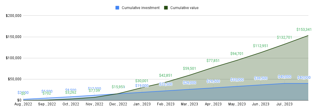 Cumulative investment vs tracked value in year one: roughly $40K in, $153K out